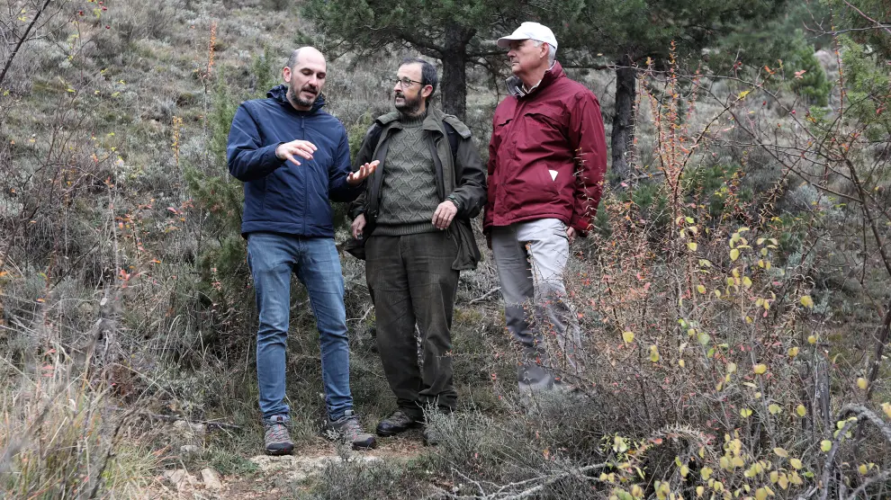 Bayona y De Jaime, junto al jefe del Servicio de Espacios Naturales y Red Natura 2000, Jesús Insausti, en el recorrido por los Caños de Gúdar.