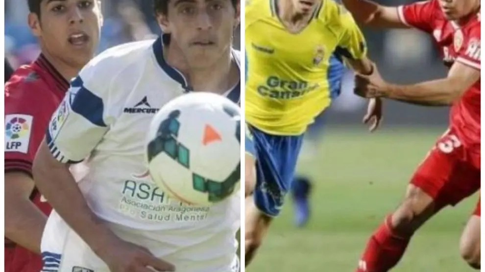 Asensio (izda.) y Pedri (dcha.), en dos lances de juego frente al Real Zaragoza recientemente, con el Mallorca y Las Palmas.