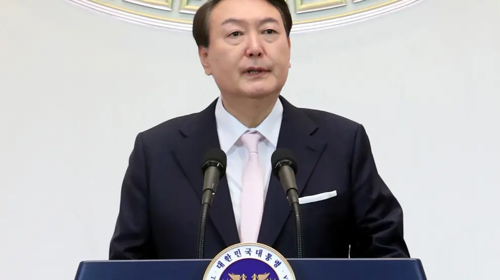 El presidente surcoreano, Yoon Suk-yeol, durante su discurso en la celebración del inicio del año en los negocios en Corea del Sur.
