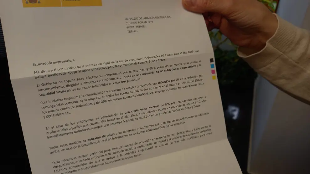 Carta remitida por el ministro José Luis Escrivá a todas las empresas de la provincia de Teruel.