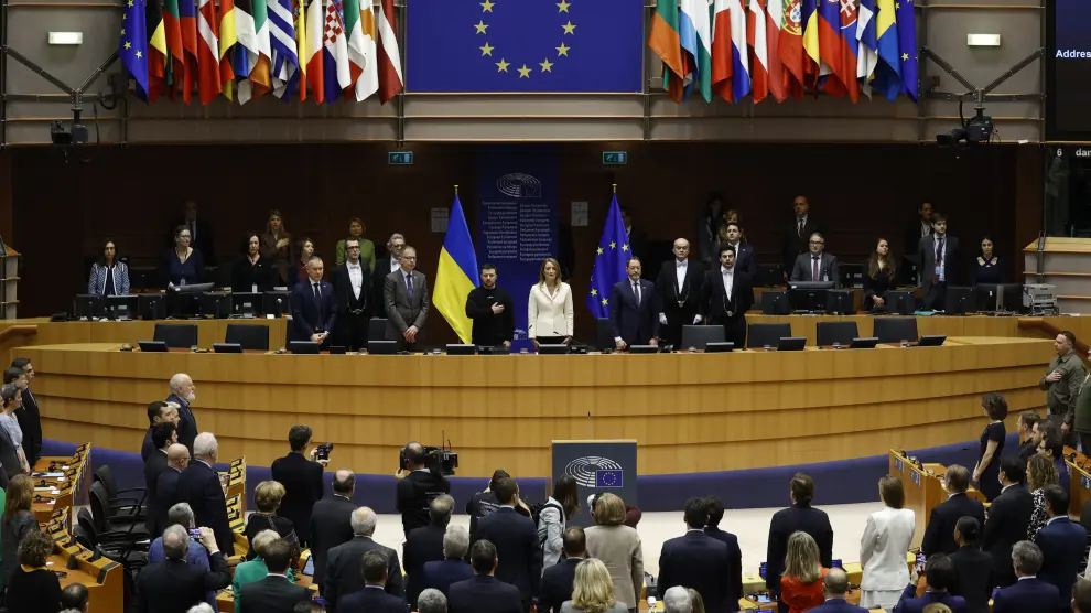 Zelenski en la apertura del pleno extraordinario en el Parlamento Europeo