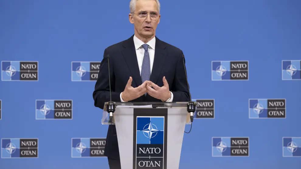 Stoltenberg, secretario general de la OTAN, durante una rueda de prensa hoy.