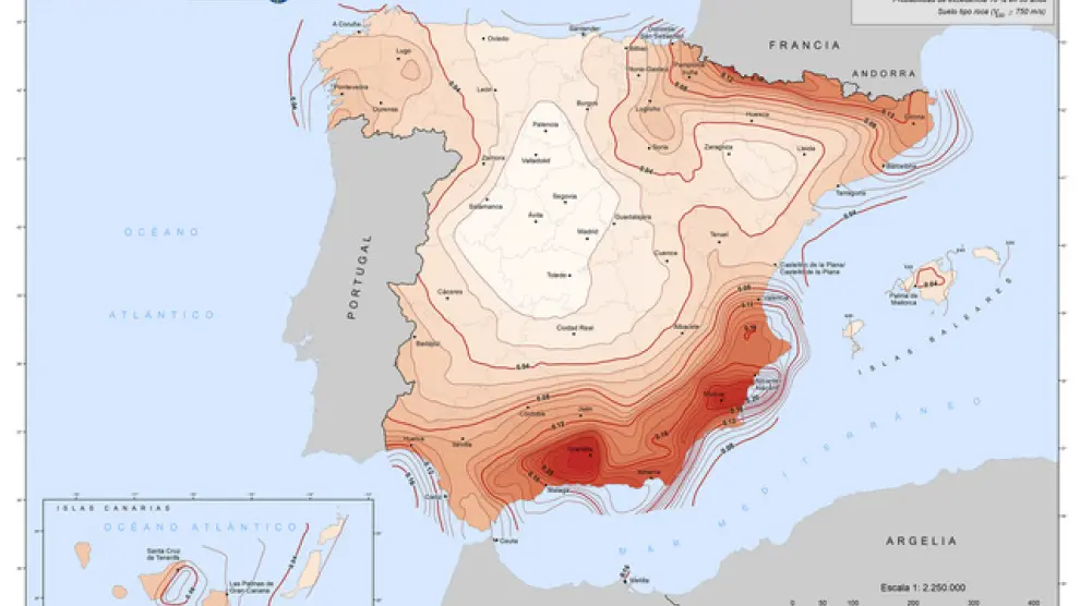 Mapa de peligrosidad sísmica en la península ibérica.