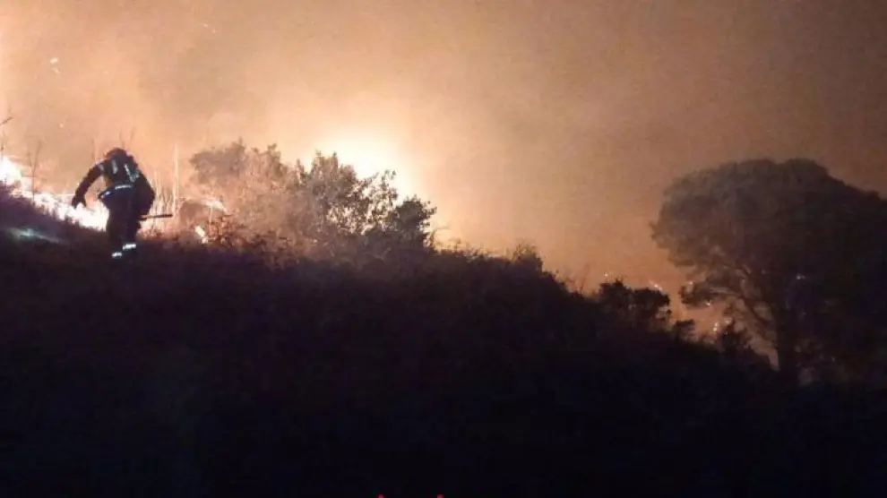 Bomberos de la Generalitat trabajan en la extinción de un incendio forestal en Selva del Camp (Tarragona).