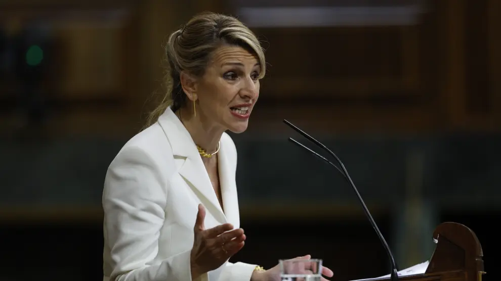 Yolanda Díaz durante el debate de la moción de censura de Vox contra el presidente del Gobierno Pedro Sánchez