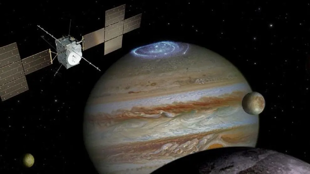 Recreación de la misión Juice, que explorará Júpiter y sus lunas Europa, Calisto y, en particular, Ganímedes.