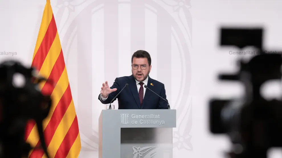 El presidente de la Generalitat de Catalunya, Pere Aragonès, interviene durante una rueda de prensa tras el Consell Executiu