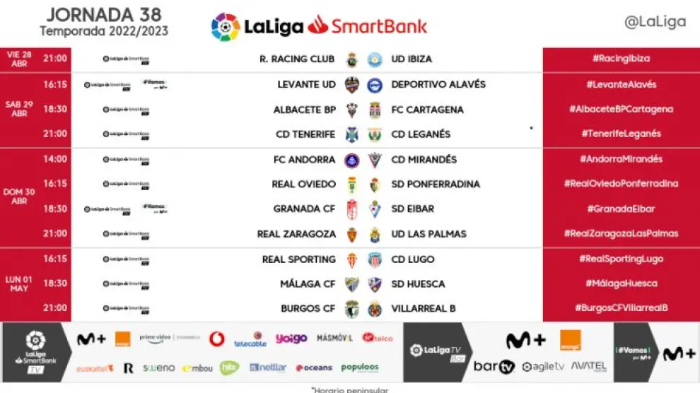 Horarios de la jornada 38 de Segunda División.