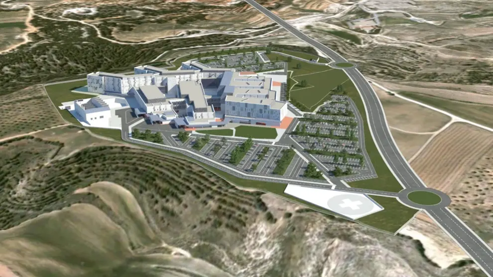 Recreación virtual del futuro hospital de Teruel. A la derecha, el parquin, que tendrá casi 800 plazas.