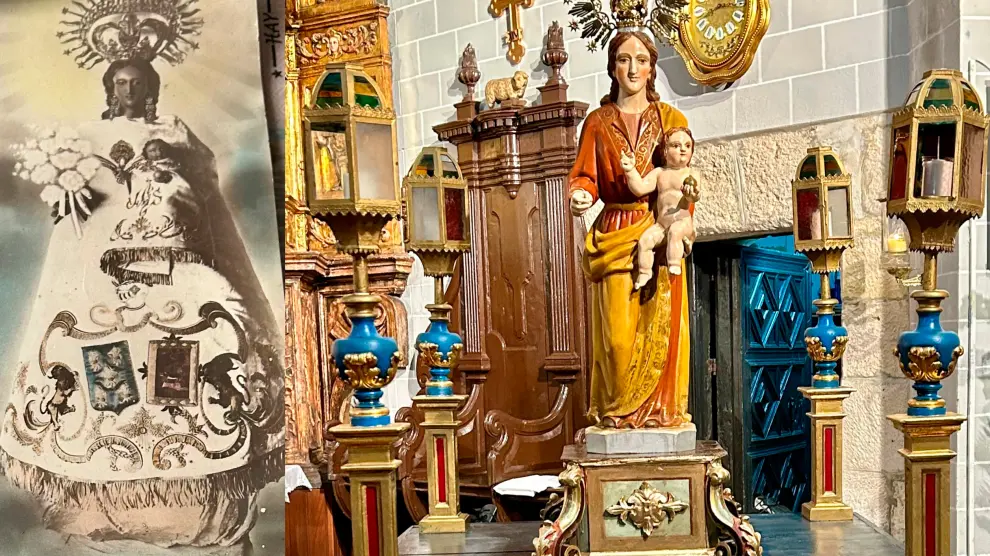 A la izquierda, imagen antigua de la Virgen de La Sagrada; y a la derecha, imagen actual de la Virgen de La Sagrada de La Muela (que es la que se saca mañana en la procesión).