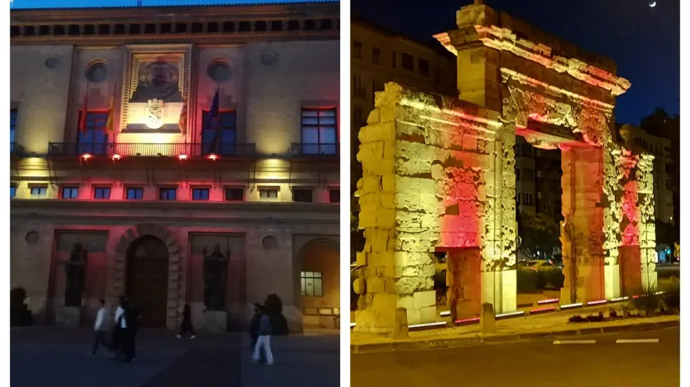 El Ayuntamiento y la Puerta del Carmen se iluminan para conmemorar el Día de Aragón