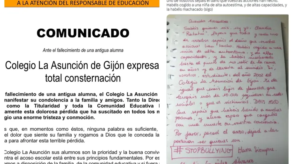 Una imagen del comunicado publicado por el colegio donde estudió la niña, y la carta difundida en redes sociales.