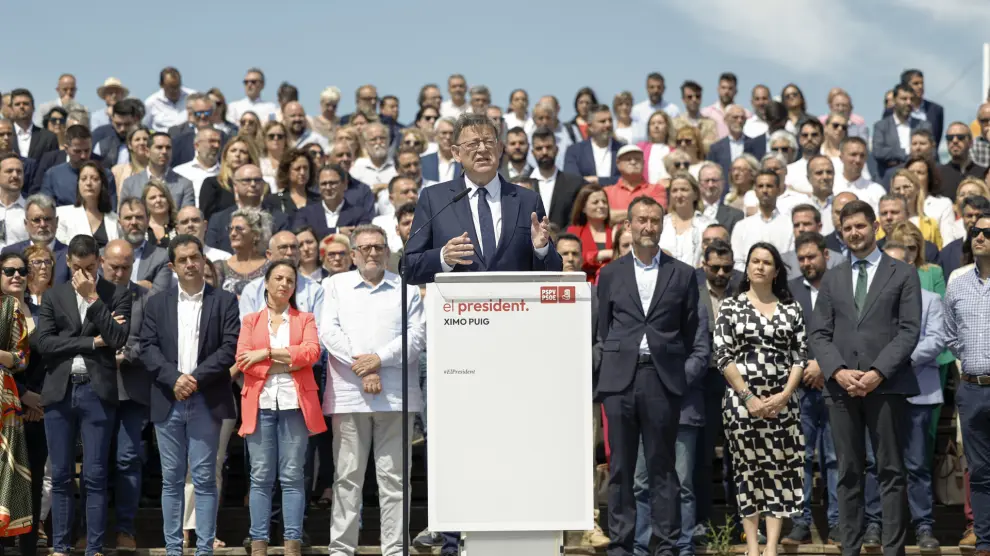 El 'president' de la Generalitat y candidato a la reelección por el PSPV, Ximo Puig, en el acto de este miércoles en Valencia