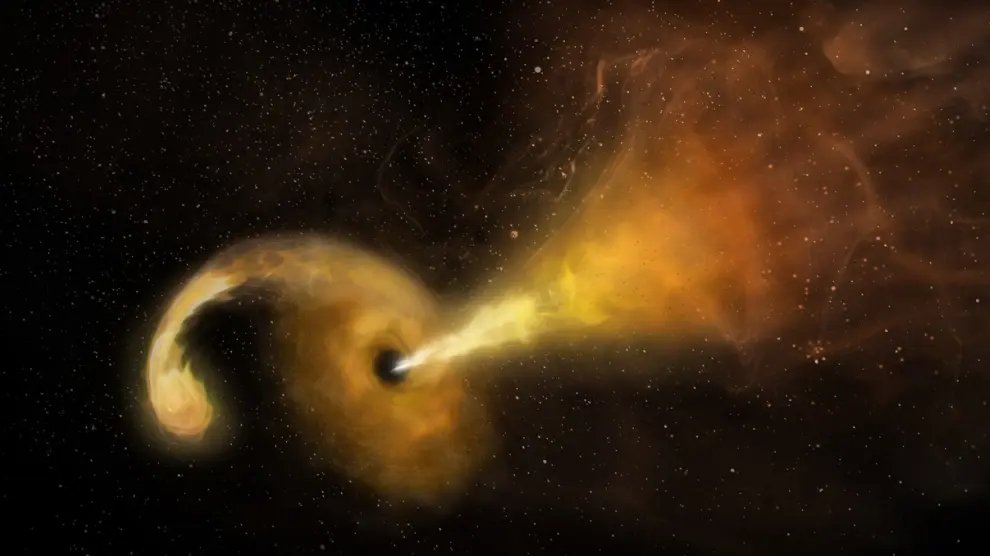 Ilustración de lo que sucede en estos casos extremadamente raros (el 1%) en que el agujero negro expulsa chorros de materia que viajan casi a la velocidad de la luz en el proceso de destrucción y acrecimiento del material de una estrella.