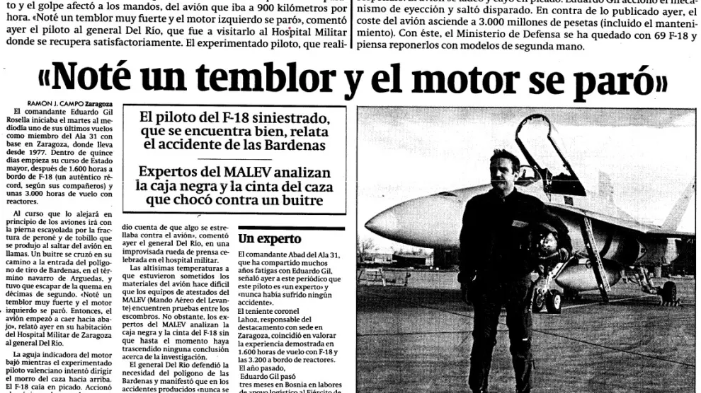 Entrevista al piloto de los F-18, Eduardo Gil Rosella, en HERALDO DE ARAGON, el 18 de agosto de 1994, dos días después del accidente que sufrió en el polígono de Bardenas.