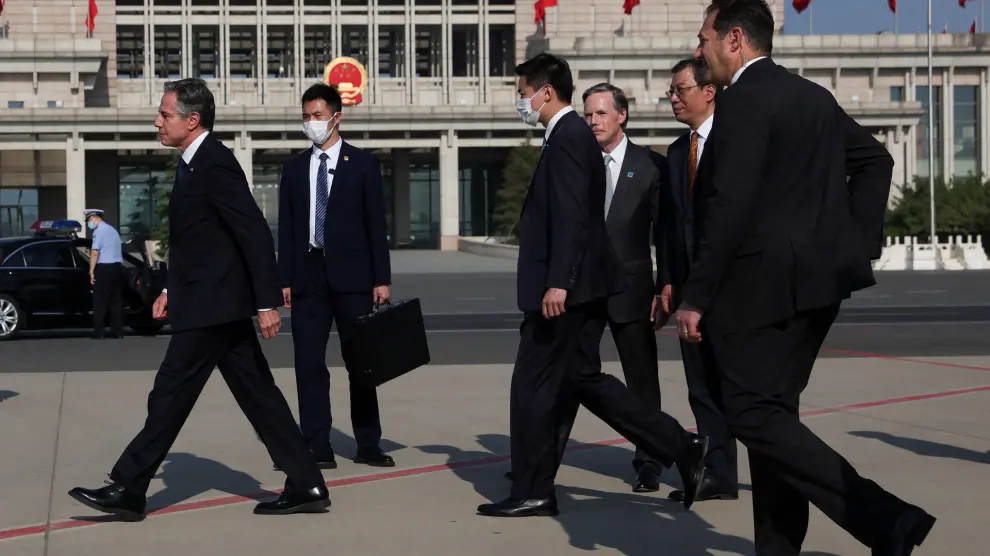 U.S. Secretary of State Antony Blinken walks after arriving in Bejing, China, June 18, 2023. REUTERS/Leah Millis/Pool