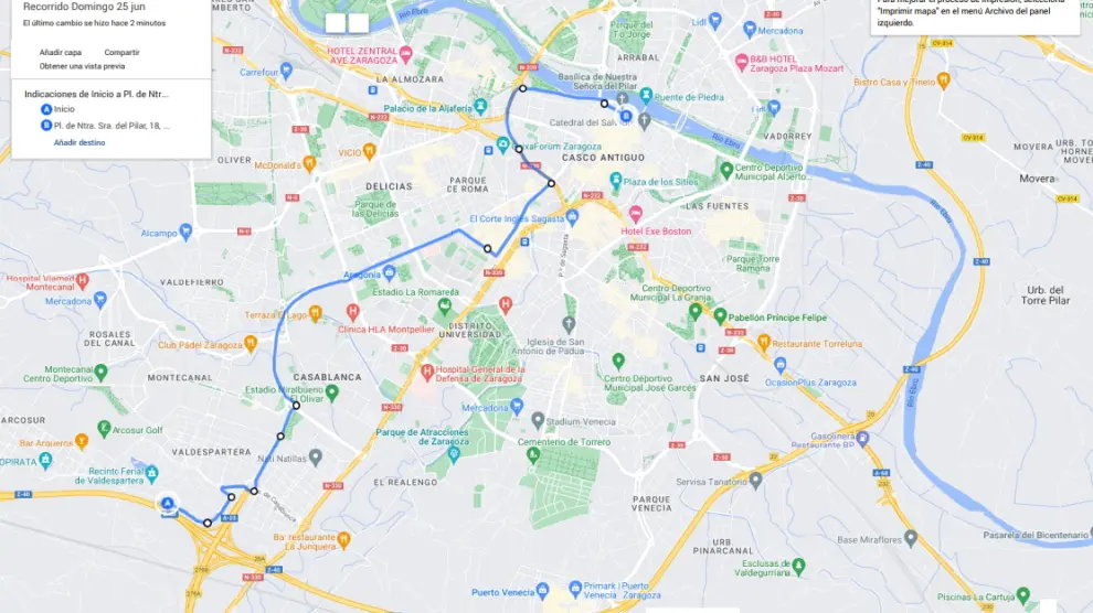 Mapa del recorrido de la concentración motera en Zaragoza