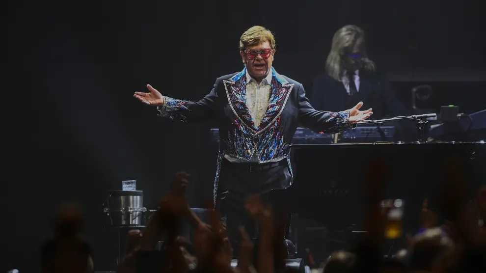 Elton John performs at the final leg of his 'Farewell Yellow Brick Road' tour in Stockholm, Saturday, July 8, 2023. (AP Photo/Caisa Rasmussen)