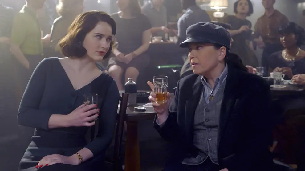 This image released by Amazon Studios shows Rachel Brosnahan, left, and Alex Borstein in a scene from "The Marvelous Mrs. Maisel."  (Amazon Studios via AP)