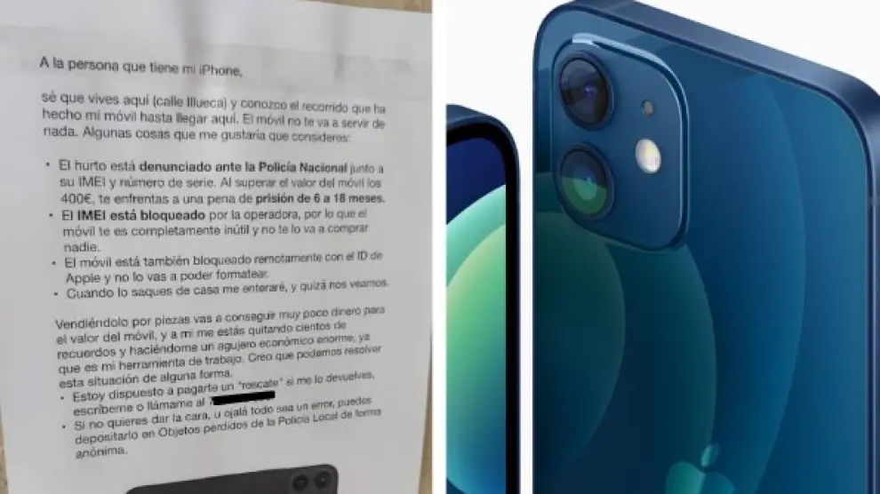 Mensaje colgado por la víctima y el móvil robado, un iPhone 13 de color azul.