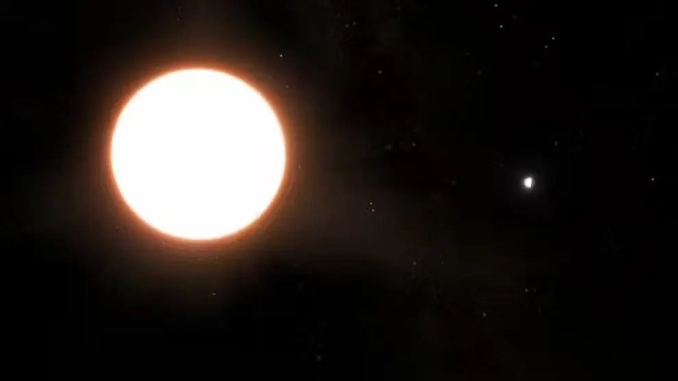 Impresión artística del exoplaneta LTT9779b (a la derecha) orbitando su estrella anfitriona (izquierda) situado a 260 años-luz de la Tierra. Se trata del planeta más brillante descubierto hasta la fecha.