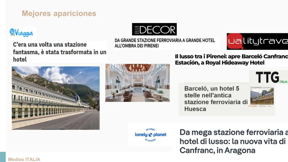 Medios italianos que publica artículos sobre el nuevo hotel de Canfranc.
