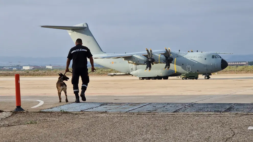 Un perro con un militar de la Unidad Militar de Emergencias en la salida hacia el terremoto de Marruecos el pasado domingo en unavión A400M en la Base de Zaragoza.