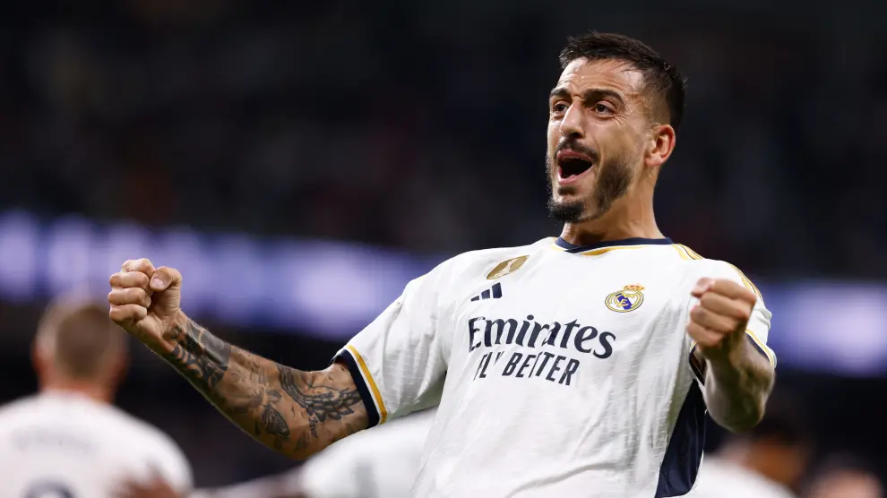 Joselu Mato of Real Madrid celebrates a goal during the spanish league, La Liga EA Sports, football match played between Real Madrid and Real Sociedad at Santiago Bernabeu stadium on September 17, 2023, in Madrid, Spain...Oscar J. Barroso / Afp7 ..17/09/2023 ONLY FOR USE IN SPAIN[[[EP]]]