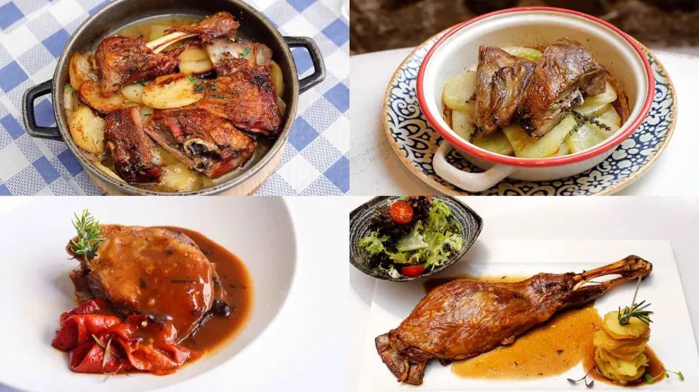 Los platos de ternasco de Aragón, de izquierda a derecha, de El Fuelle, El Real, La Fondica y Restaurante Palomeque