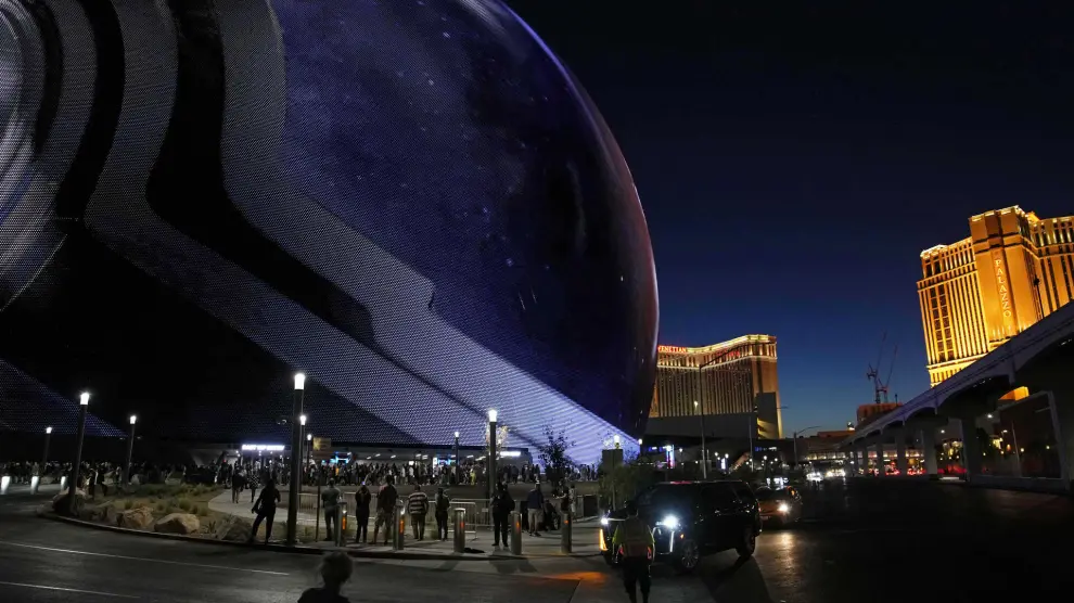 People arrive during the opening night of the Sphere, Friday, Sept. 29, 2023, in Las Vegas. (AP Photo/John Locher)