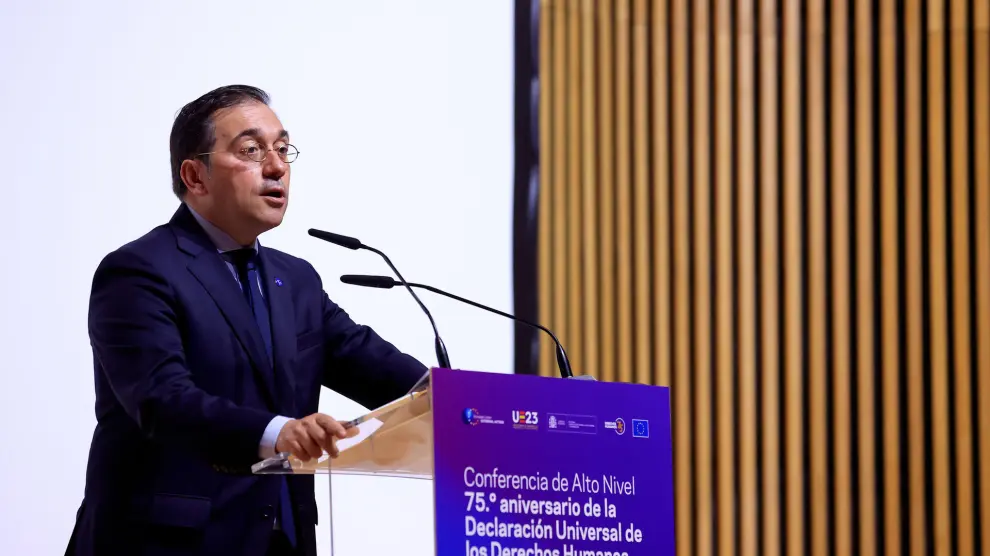 El ministro de Exteriores, José Manuel Albares, interviene en la Conferencia de Alto Nivel celebrada este miércoles en Madrid para conmemorar el 75 aniversario de la Declaración Universal de los Derechos Humanos.