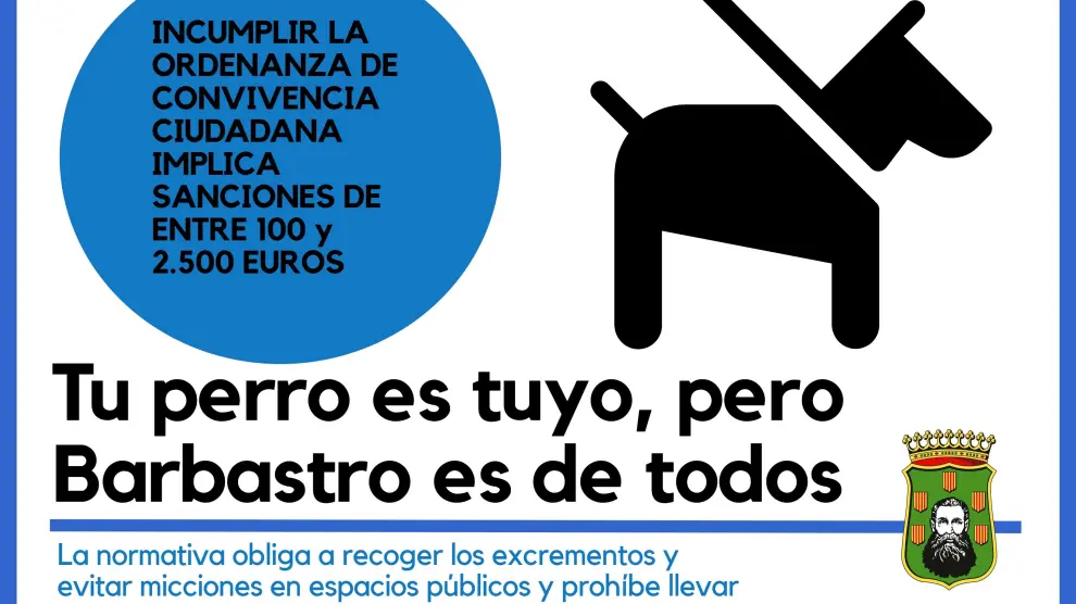 Cartel que indica las sanciones por no recoger los excrementos de las mascotas en Barbastro
