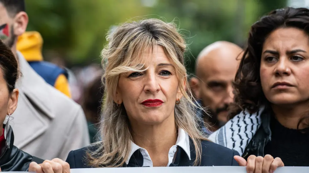 Yolanda Díaz, vicepresidenta segunda del Gobierno y líder de Sumar, en la manifestación en Madrid contra la guerra en Gaza.