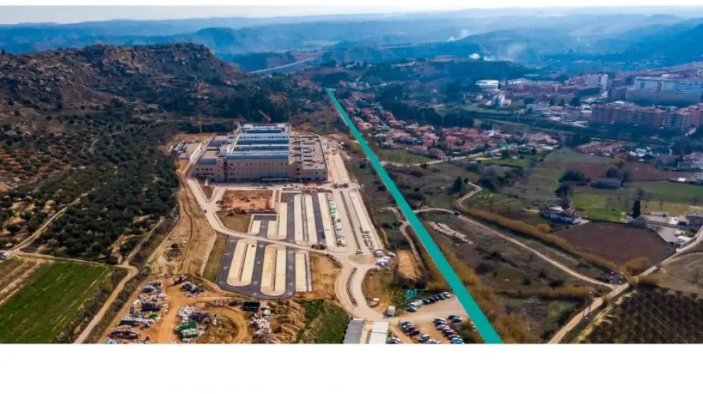 En la imagen, estado actual de las obras del hospital de Alcañiz. En color verde, el trazado del vial de acceso al nuevo edificio.