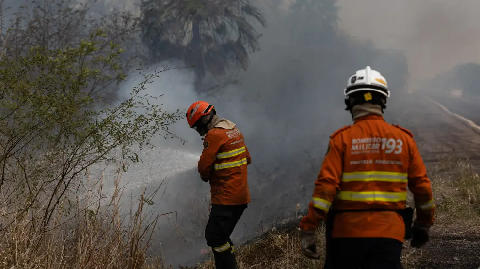 AME7594. MIRANDA (BRASIL), 18/11/2023.- Bomberos combaten un incendio en las orillas de la carretera BR-262, el 17 de noviembre de 2023, cerca de la ciudad de Miranda (Brasil). La carretera BR-262, en el corazón del Pantanal brasileño, es cercada por olas de fuego en cuestión de segundos, mientras los bomberos se abren paso entre la maleza para cortarles el paso. Los incendios arrasan de nuevo el mayor humedal del planeta, esta vez en una época atípica. Es noviembre y ya debería estar lloviendo a raudales en este vasto ecosistema que Brasil comparte con Paraguay y Bolivia, pero desde el cielo no se atisba ni una nube con ganas de descargar y sí una fina humareda que cubre toda la región por cientos de kilómetros. EFE/ Isaac Fontana