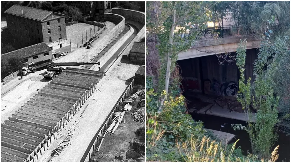 Las obras de cubrimiento en 1969 y el estado actual de la estructura, cuando el río vuelve a emerger detrás del colegio Corazonistas.