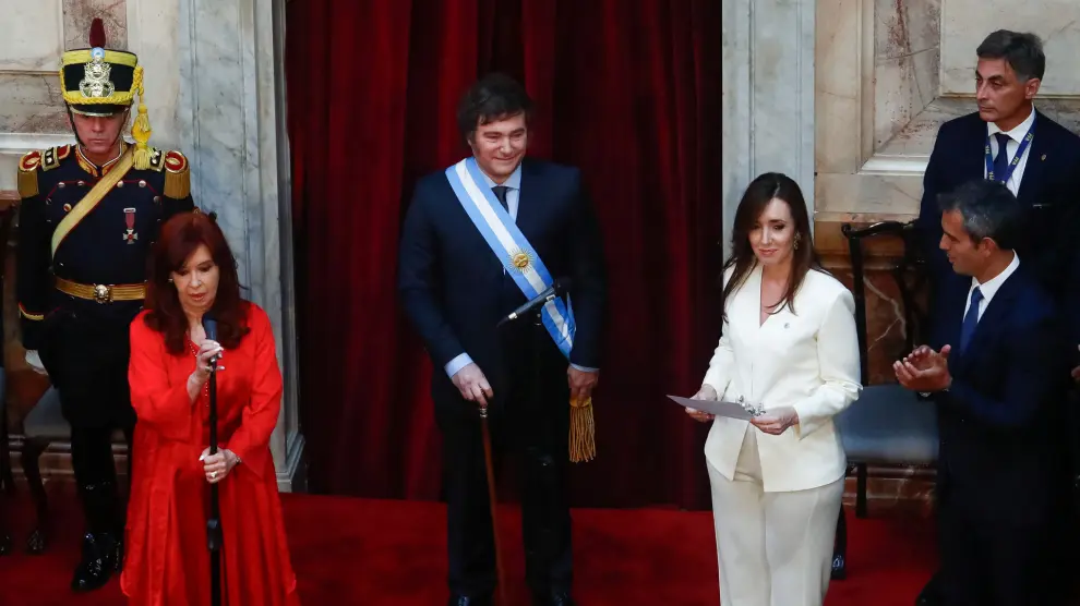 Argentinas new Vice President Victoria Villarruel is sworn in as Argentinas Vice president next to Argentinas President Javier Milei at the National Congress, in Buenos Aires, Argentina December 10, 2023. REUTERS/Matias Baglietto [[[REUTERS VOCENTO]]]
