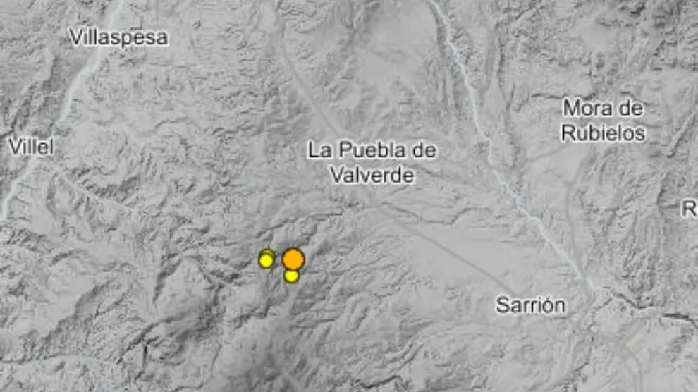 Ubicación de los terremotos registrados entre Camarena de la Sierra y Torrijas.