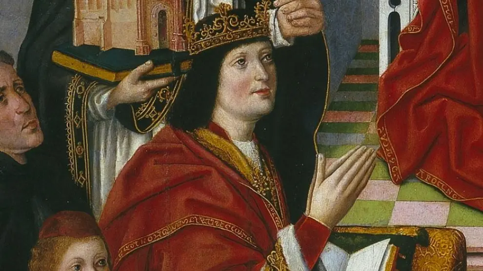 Detalle del cuadro conocido como 'La Virgen de los Reyes Católicos' en el que pueden verse a Fernando II de Aragón y el príncipe Juan(y el príncipe Juan) en el cuadro conocido como "la virgen de los Reyes Católicos"