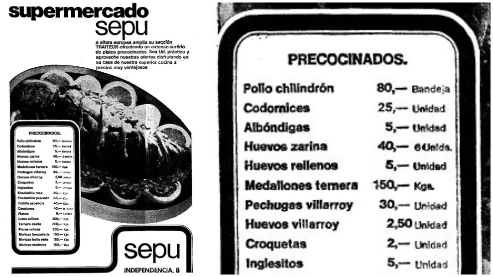 Anuncios de platos precocinados en Sepu del paseo de la Independencia, a principios de los 70.