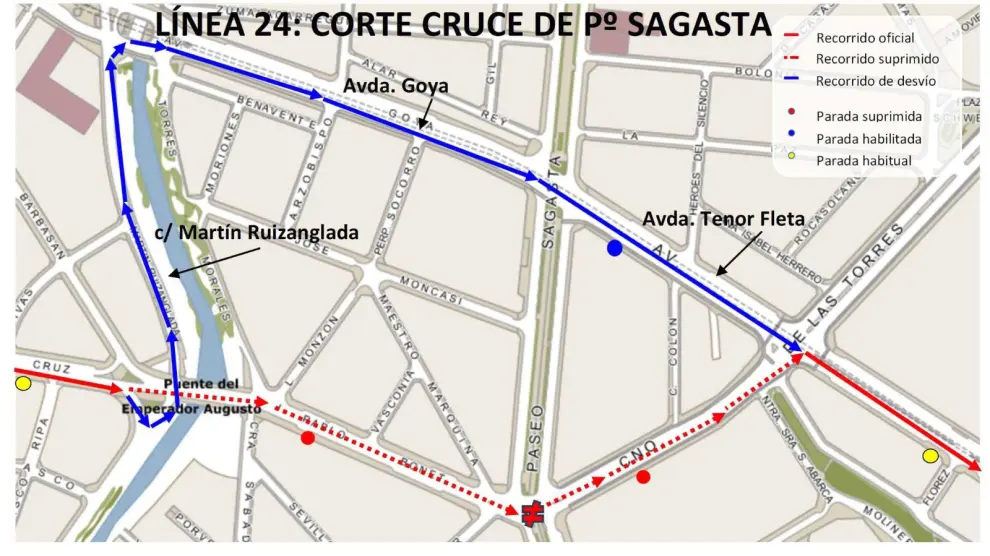Desvío de la línea 24 por obras en Zaragoza.