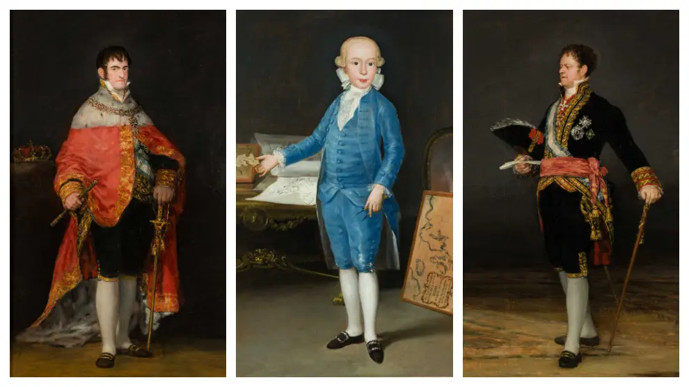 A la izquierda, detalle del retrato de Fernando VII; a la derecha, los de Carlos IV y María Luisa de Parma. Todos se mostrarán en el Salón del Trono.