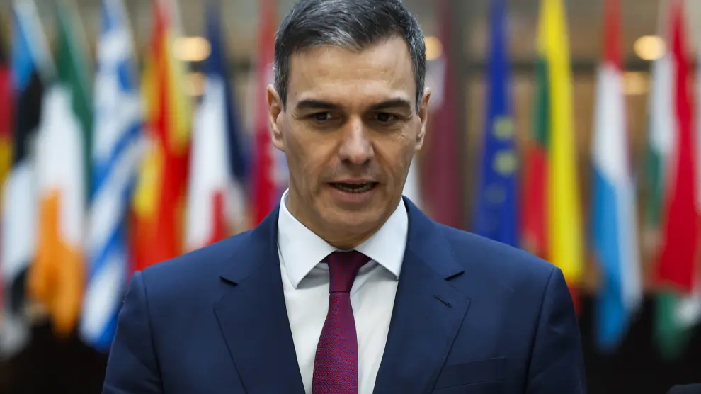 Spain's Prime Minister Pedro Sanchez leaves during an EU summit in Brussels, Thursday, Feb. 1, 2024. The leaders of the 27 European Union countries sealed a deal on Thursday to provide Ukraine with a new 50 billion-euro ($54 billion) support package for its war-ravaged economy after Hungary backed down from its threats to veto the move. (AP Photo/Geert Vanden Wijngaert)