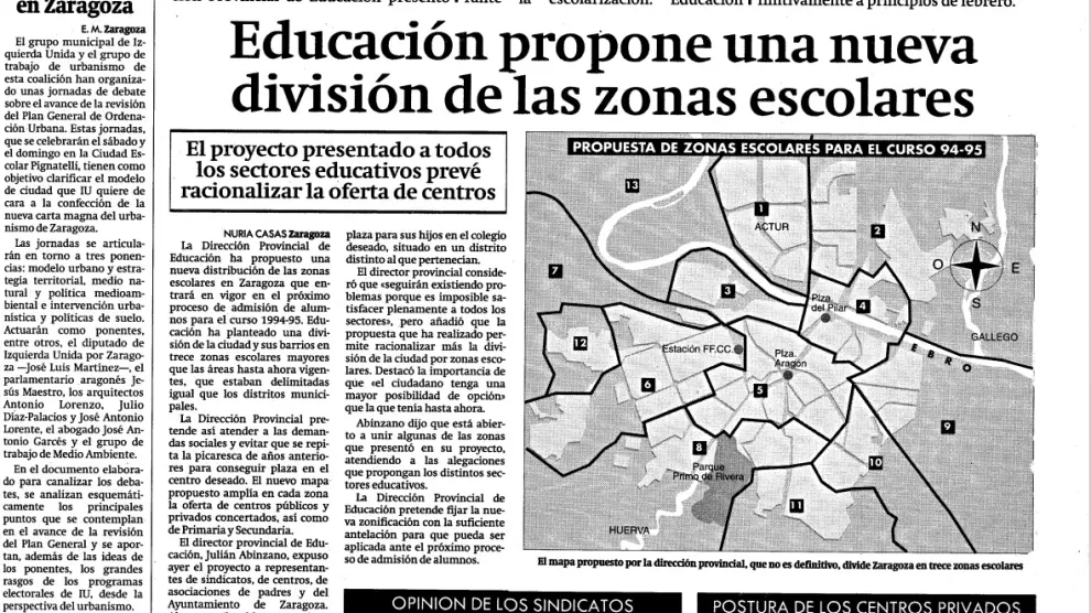 Noticia publicada en Heraldo sobre la propuesta de zonas escolares que se puso en marcha para el curso 1994-1995