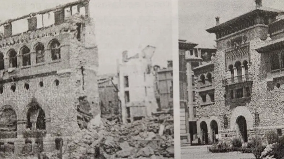 El Casino de Teruel, convertido en una ruina tras la Guerra Civil, y, a la derecha, tras su reconstrucción con la participación de batallones de trabajadores.