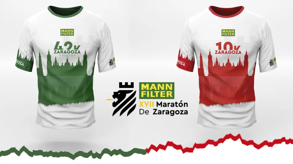 Camisetas de la maratón de Zaragoza 2024 (verde) y de la 10K (rojo).