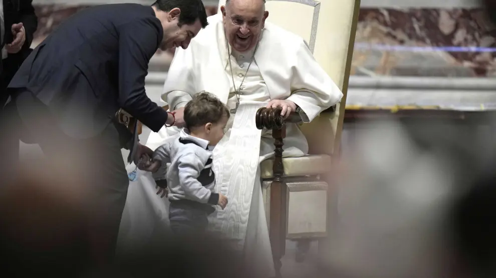 Pope Francis reacts with a child ahead of a mass in which Monsignor Vincenzo Turturro, Paraguay apostolic nuncio is ordained as a bishop, in St. Peter's Basilica at the Vatican Saturday, March 9, 2024. (AP Photo/Alessandra Tarantino) Associated Press / LaPresse Only italy and Spain