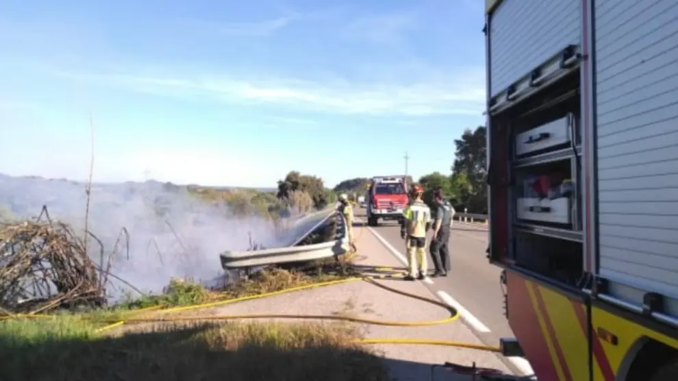 Los bomberos extinguen el fuego originado en un cañizar de Barbastro junto a la N-240.