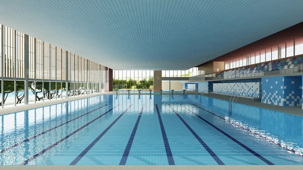 La nueva piscina climatizada de Teruel tendrá grandes ventanales por los que entrará luz natural, como se aprecia en la recreación virtual.