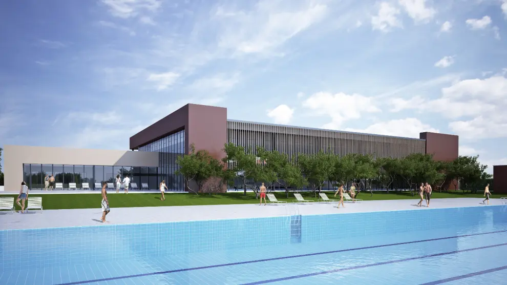 Recreación del exterior de la futura piscina cubierta, conectada por un solario a la piscina de verano de Los Planos.